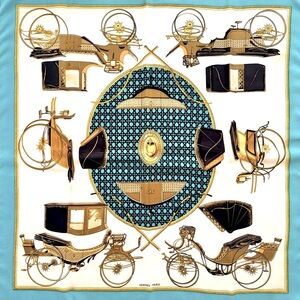 Hermes Silk Scarf in Turquoise, Cream, Gold and Black